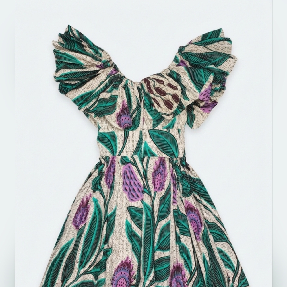 Sika Anthropologie Off-the-Shoulder Printed Maxi Dress Gree, Purple & White Sz 2 - Picture 10 of 16